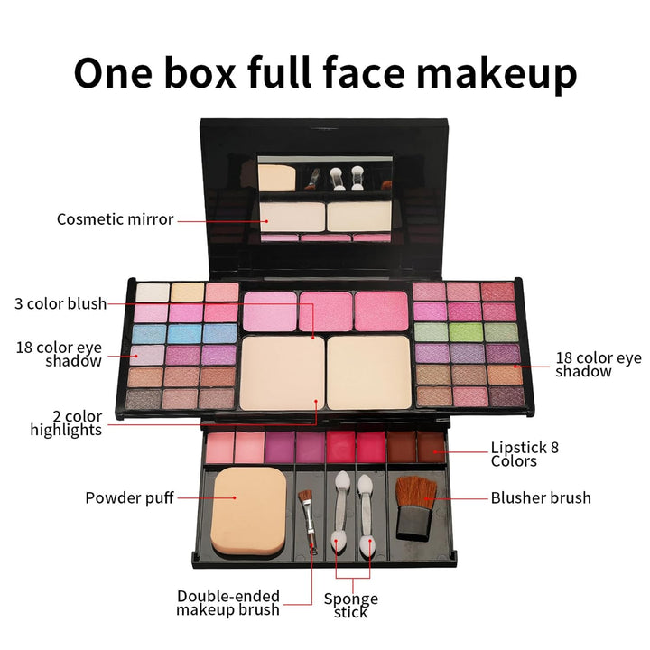 VolksRose Multifunktionale Make-up-Palette Set: 36 Lidschatten,3 verlaufende Rouge-Töne,8 Lippenstif
