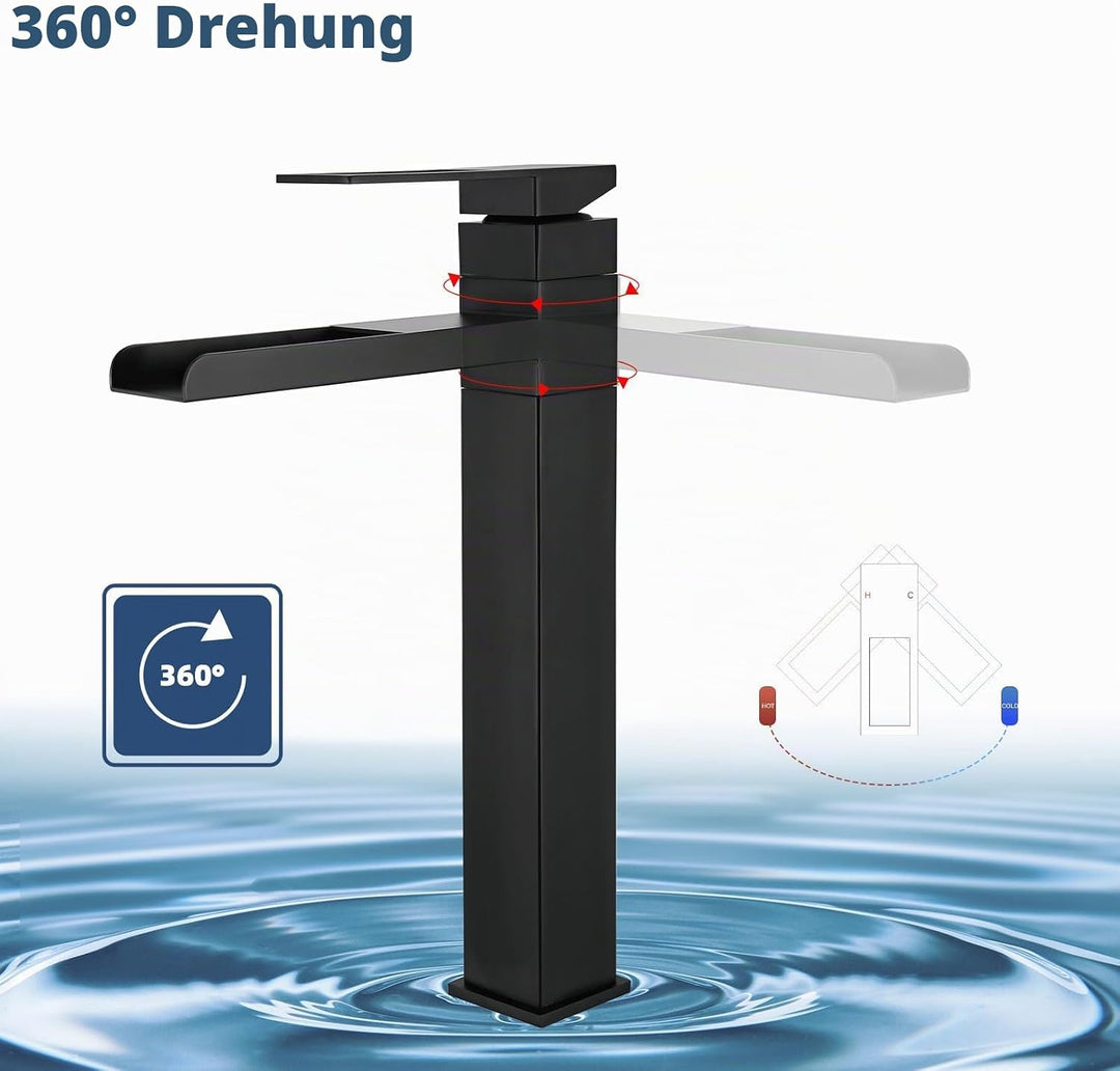 SHANFO Waschtischarmatur Hoch, Wasserhahn Bad Wasserfall, 360° Schwenkbar Mischbatterie Waschtisch,