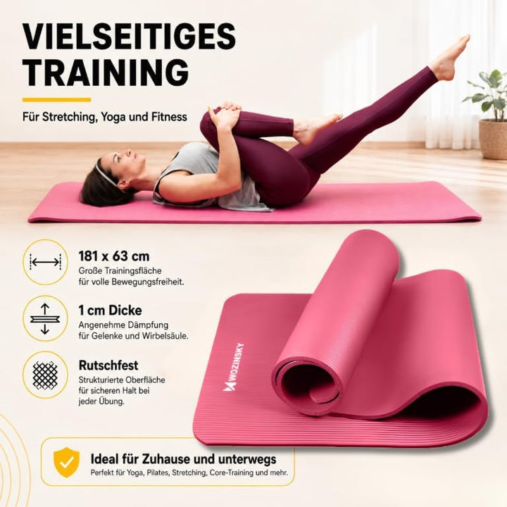 WOZINSKY Fitness Yogamatte Fitnessmatte Turnmatte Gymnastikmatte 181 cm X 63 cm X 1 cm SCHWARZ (ROSA