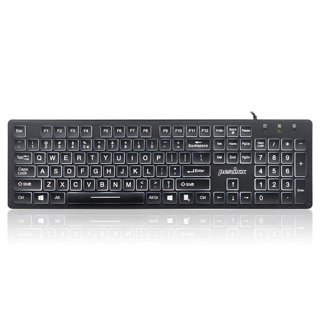 Perixx PERIBOARD-317 USB-Tastatur mit kabelgebunden, beleuchtet, Big Print Letter mit weiss beleucht