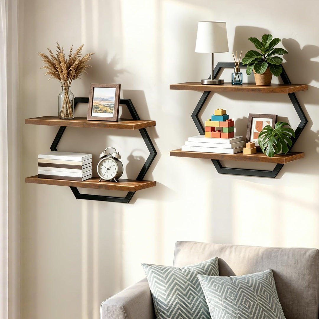 Lermende Wandregal Holz und Metall, 2Pcs Schweberegal Hängeregale-Schwarz | 2-stöckiges Wandmontage