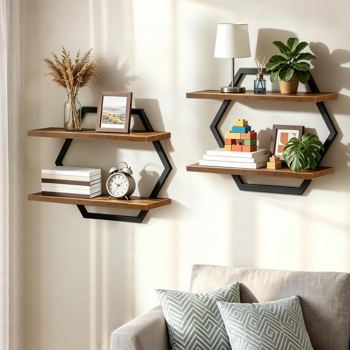Lermende Wandregal Holz und Metall, 2Pcs Schweberegal Hängeregale-Schwarz | 2-stöckiges Wandmontage