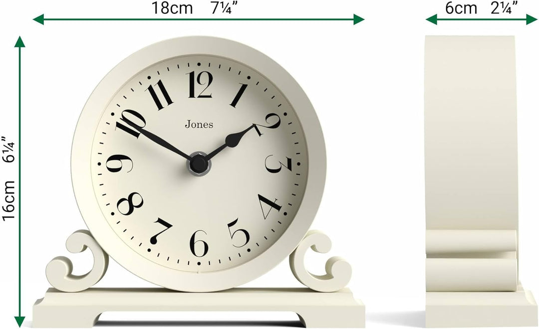 JONES CLOCKS® Saloon Tischuhr I Traditionelles DoppelIscrollIDesign I Hellcreme I Zeitgenössischer k