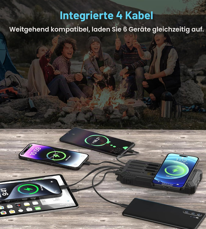 Solar Powerbank 56800mAh, 30W Solarladegeräte PD 3.0A USB C Schnellladen mit 4 Kabeln, 3 Port (2 USB