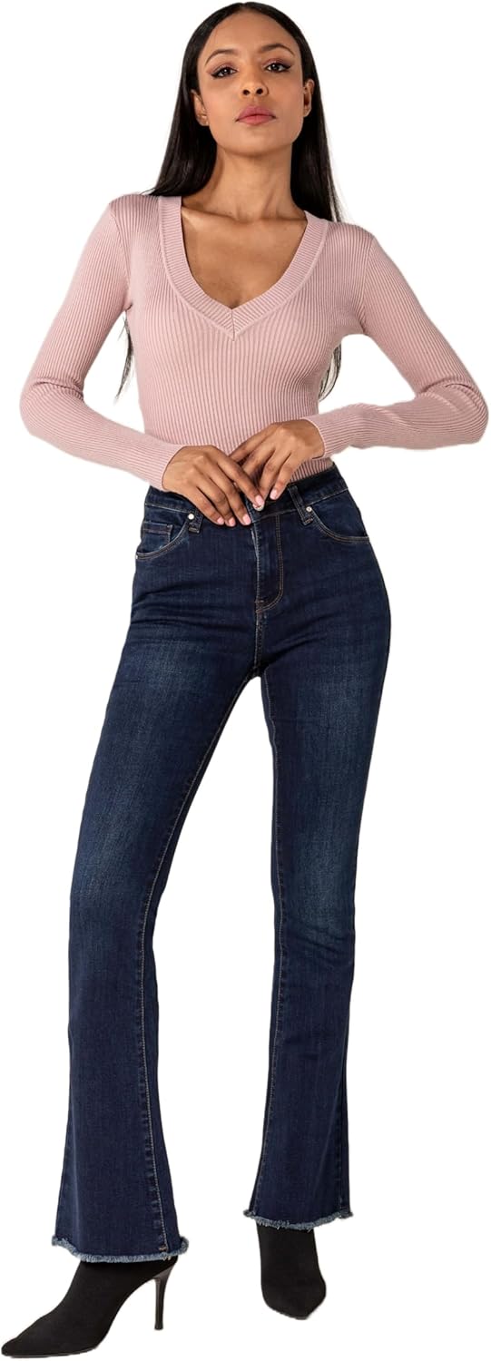 Nina Carter Damen Bootcut Jeans im Retro-Stil Mid Waist Stretchjeans Jeanshosen Used-Look Schlaghose