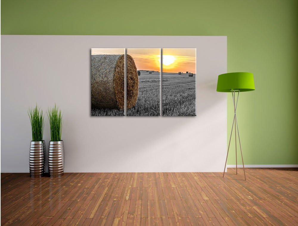 Pixxprint Strohballen auf Feld als Leinwandbild/Grösse: 3 Teilig (120x80) cm/Wandbild/Kunstdruck/fer