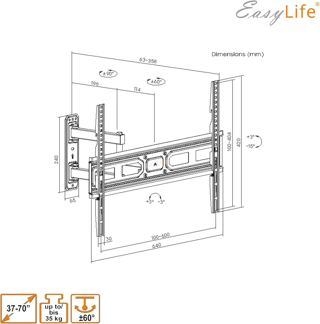 EasyLife FlexMount E70 Single TV-Wandhalterung für 37–70" Fernseher bis 35 kg – Einarm-Design, VESA