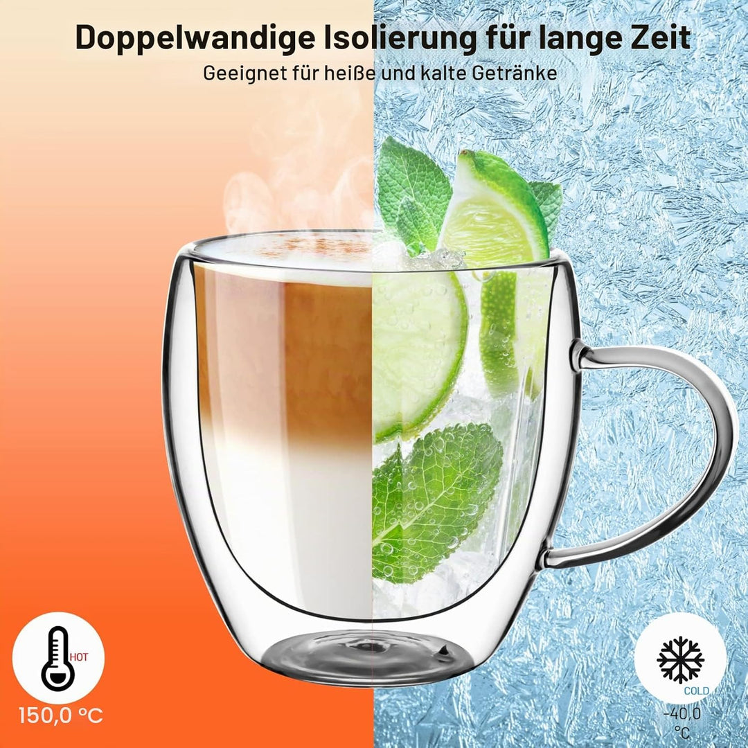 Espressotassen 80ml, 4er Set Espresso Gläser, doppelwandige Espressotassen Glas mit Henkel Kaffeetas