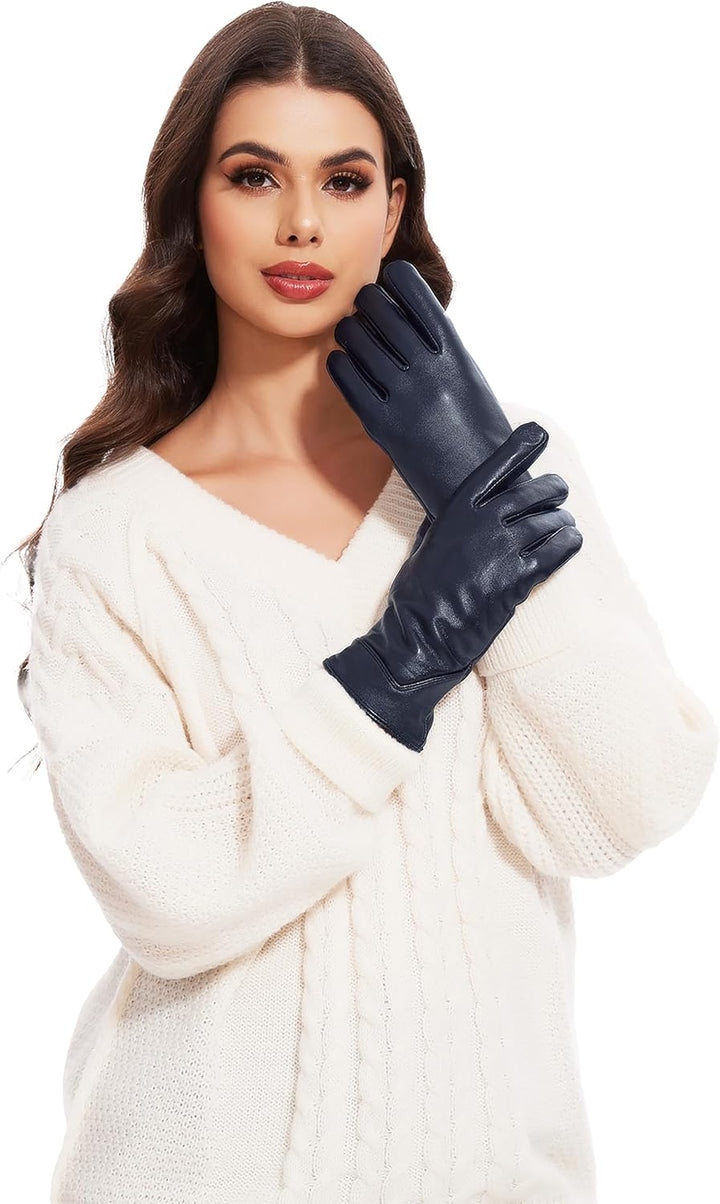 vislivin Touchscreen Handschuhe Damen Winter Lederhandschuhe Warme Leder SMS Handschuhe Dunkelblau M