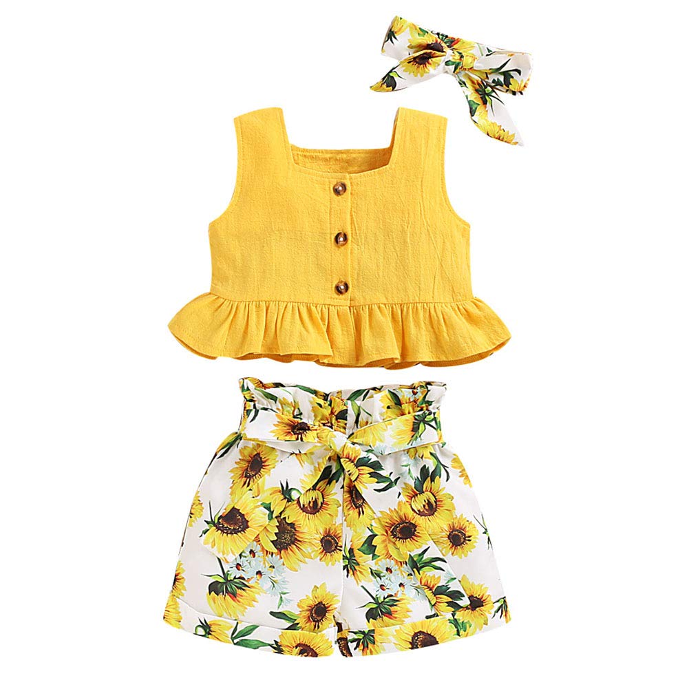 ANUFER 3 Stück Mädchen Kinder Kleidungsset Hell Gelb Sonnenblume Baby Outfits Westentops + Shorts Ho