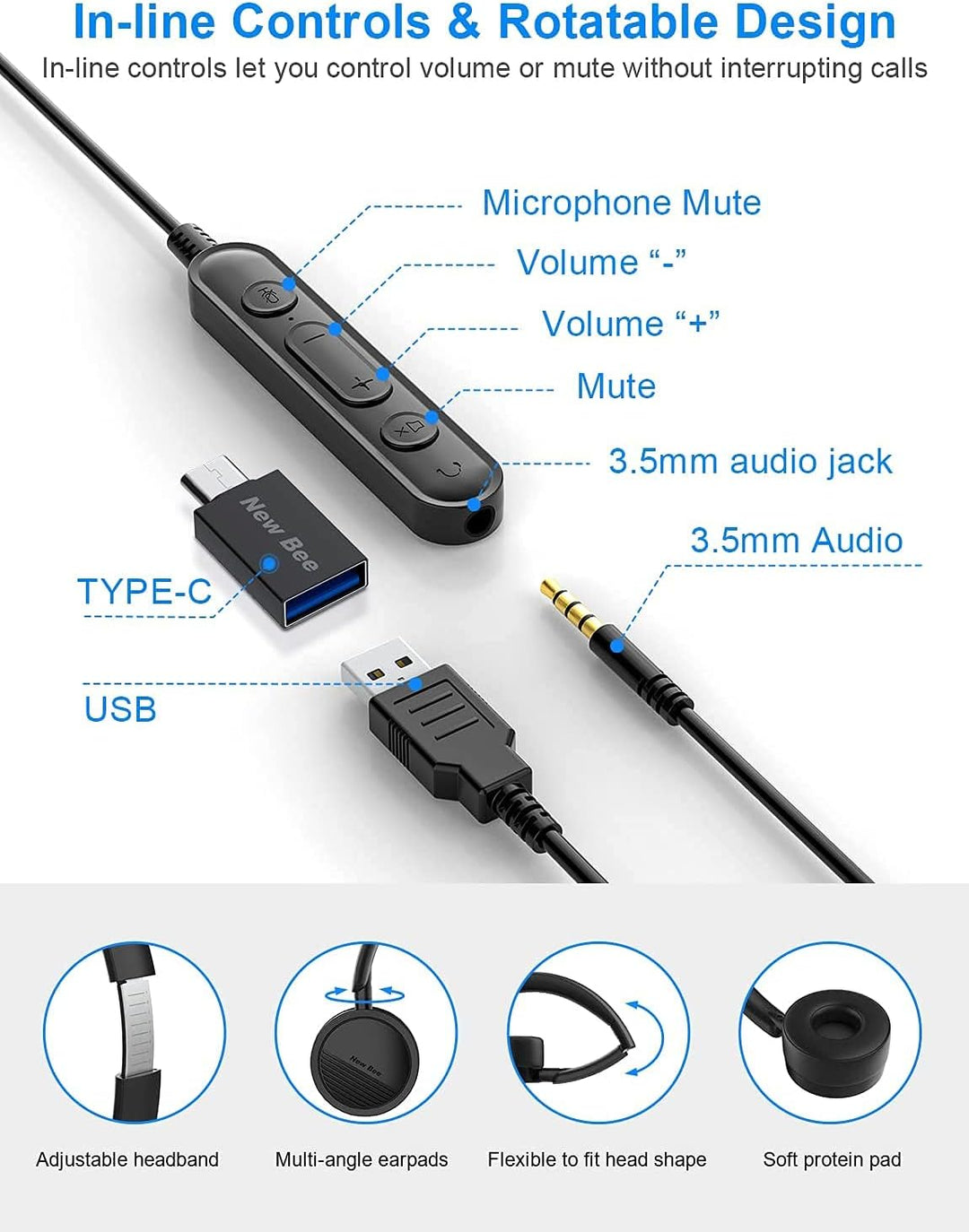 New bee PC Headset mit Mikrofon USB/3,5mm Business Headset Noise Cancelling & Klare Stereo-Sound für