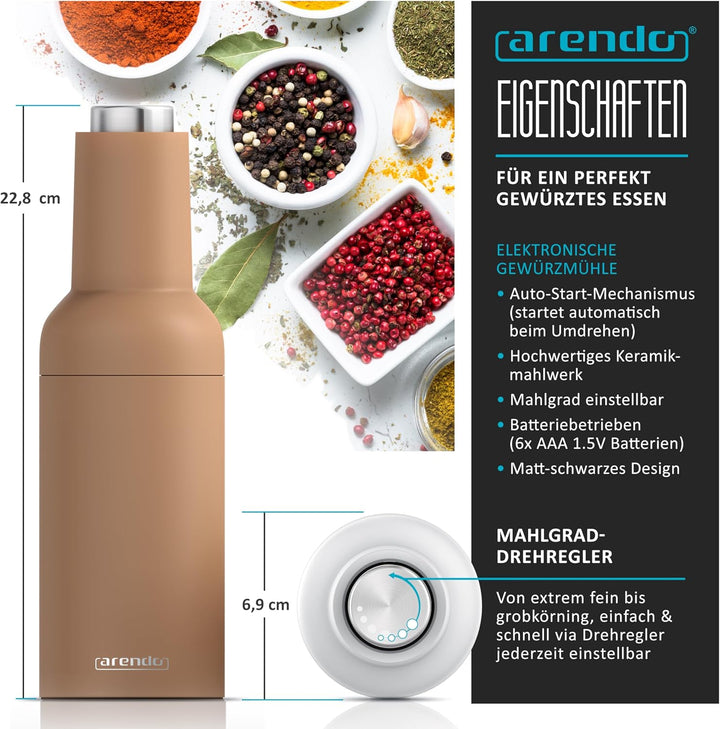 Arendo - Salz und Pfeffermühle elektrisch - 2er Set - einhändiger Betrieb - mahlt automatisch beim K