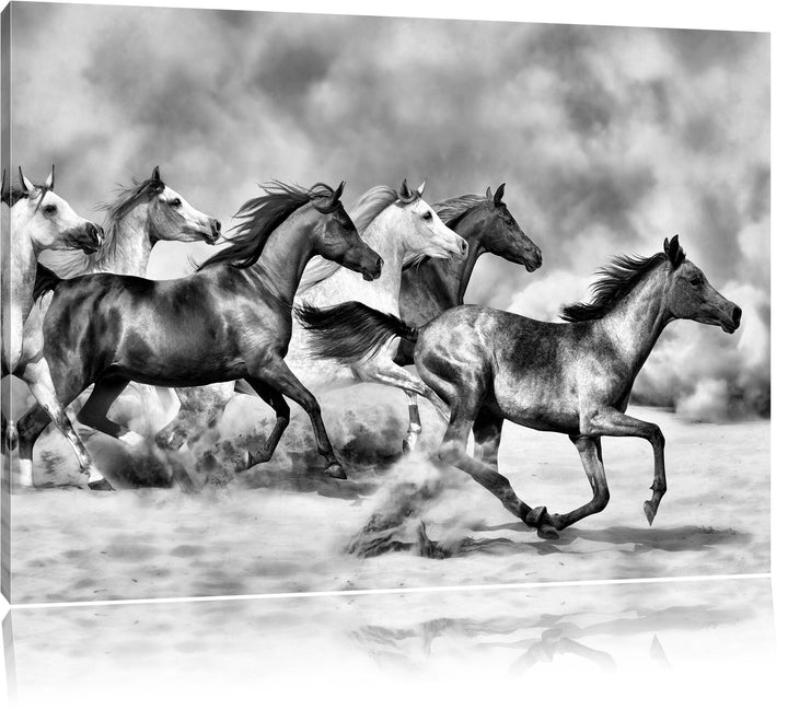 Pixxprint Western Pferde in Wüste / 100x70cm Leinwandbild bespannt auf Holzrahmen/Wandbild Kunstdruc