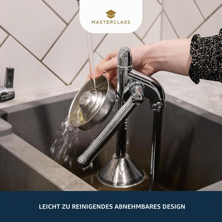 masterclass KitchenCraft "Deluxe" Saftpresse Edelstahl Manuell, Farbe: Silber, mit Sieb für Kerne un