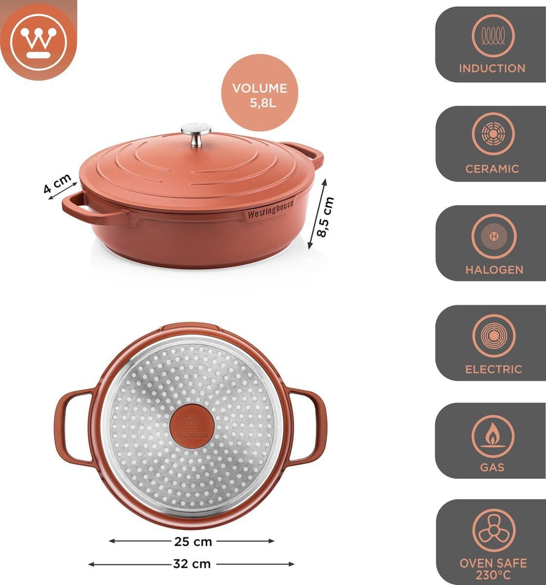 Westinghouse PERFORMANCE SERIES Schmorpfanne mit Deckel, Grosse Bratpfanne 32 cm für Induktion &amp; all