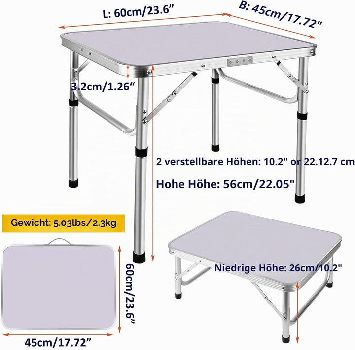 Klapptisch aus Aluminium, 60 cm, tragbar, für Camping, Picknick, Outdoor, Gartentisch für Grillparty