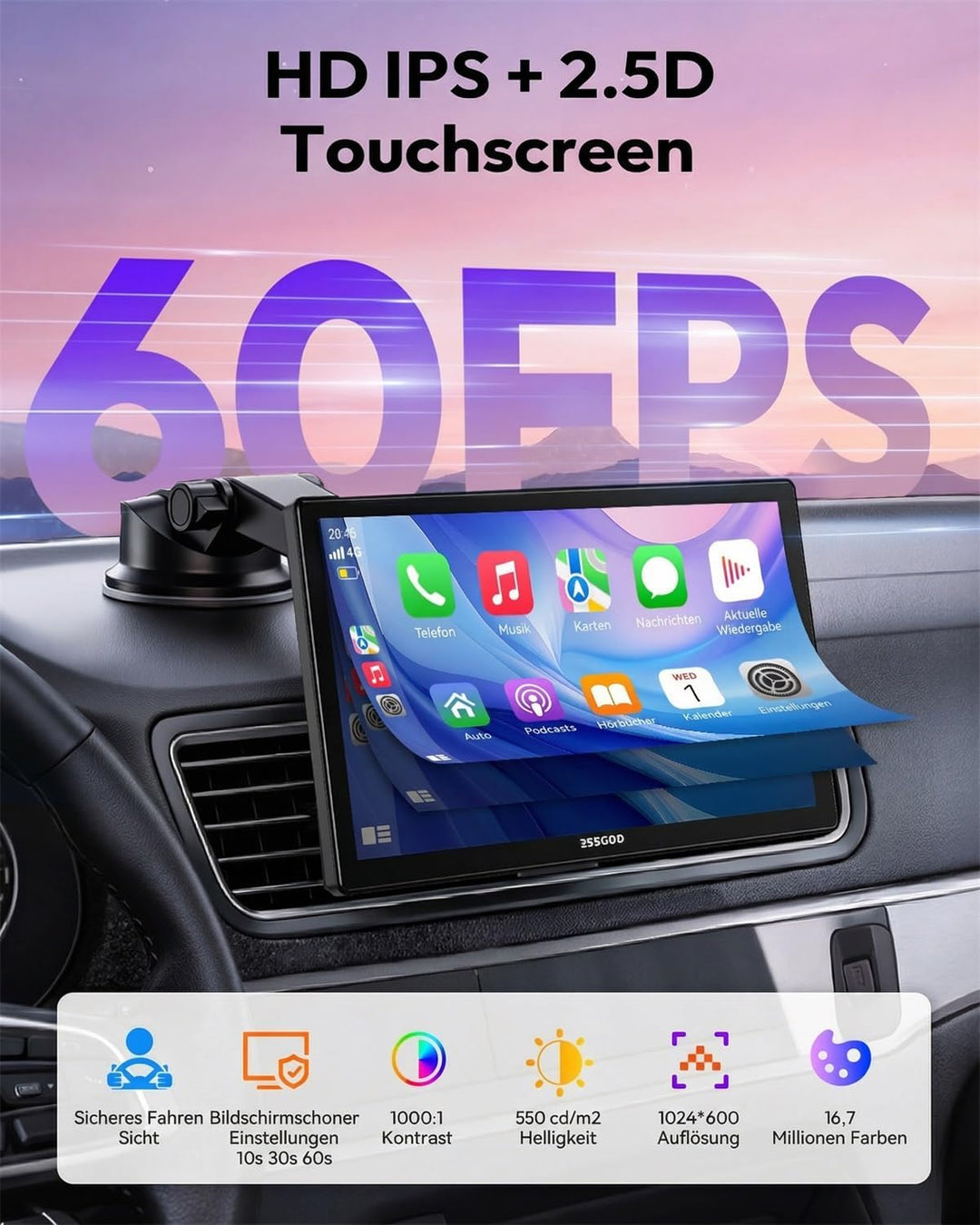 ESSGOO Carplay Android Auto Display mit Rückfahrkamera,9 Zoll Carplay Bildschirm für Apple/Android A