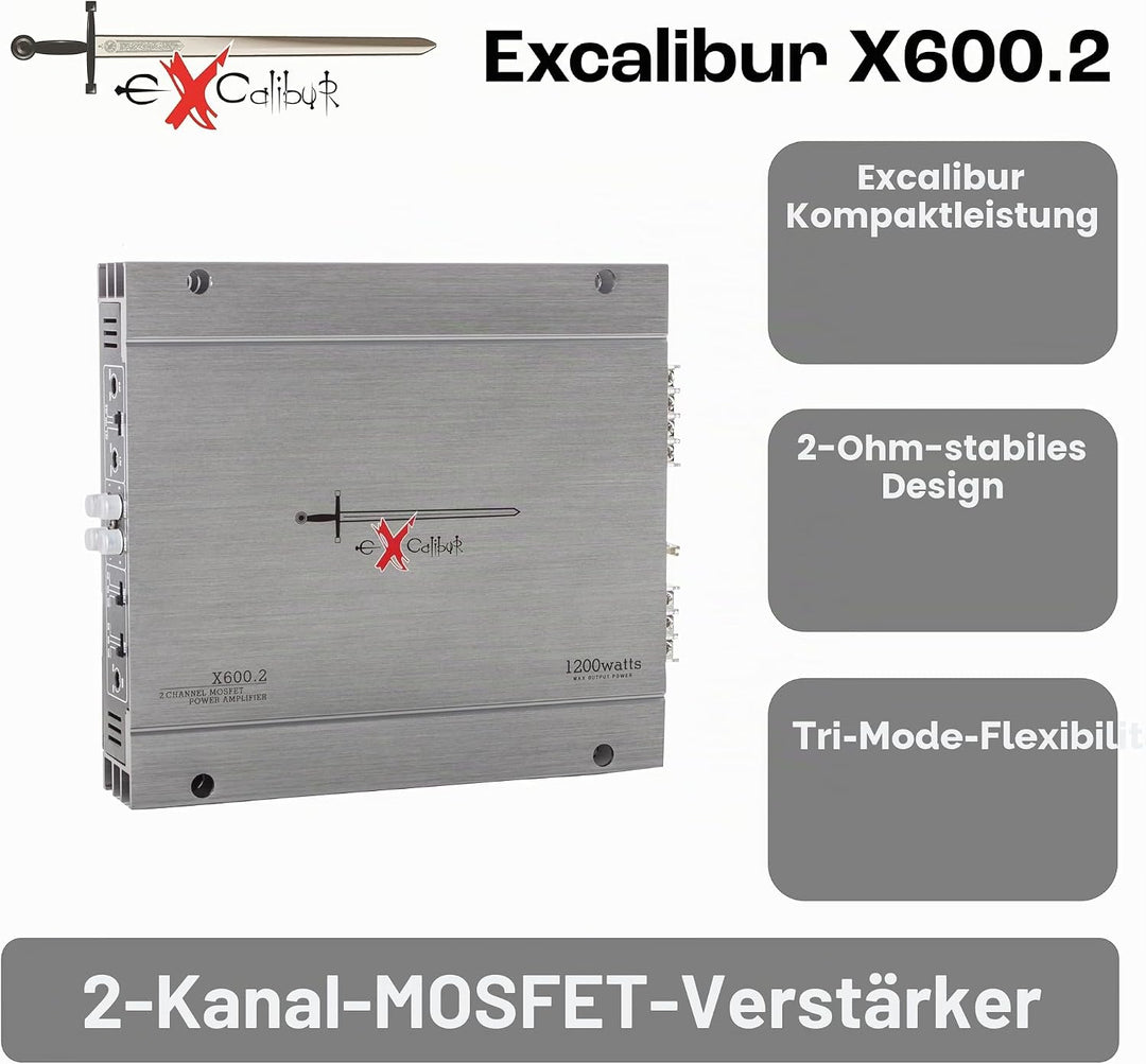 Excalibur X600.2 - Auto Verstärker 2 Kanal - 2X 600 Watt Mosfet HiFi KFZ Endstufe mit Bass-Boost - 1