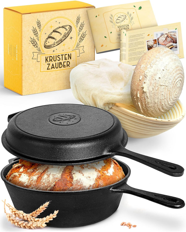 KRUSTENZAUBER 26cm Gusseisen Topf Brot Backen inkl. Gärkorb - Robuster Brottopf zum backen - Ideale