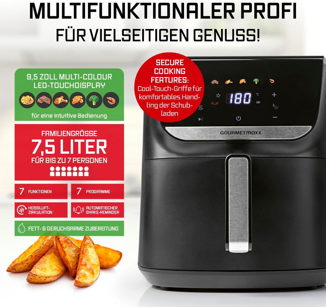 GOURMETmaxx AirGenius Heissluftfritteuse - 7,5 L Airfryer | Fritteuse mit &amp; 7 Programmen | Minibacko