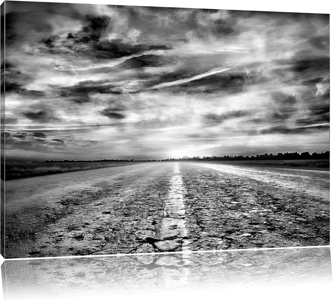 Pixxprint Endlose Strasse im Sonnenuntergang / 100x70cm Leinwandbild bespannt auf Holzrahmen/Wandbil
