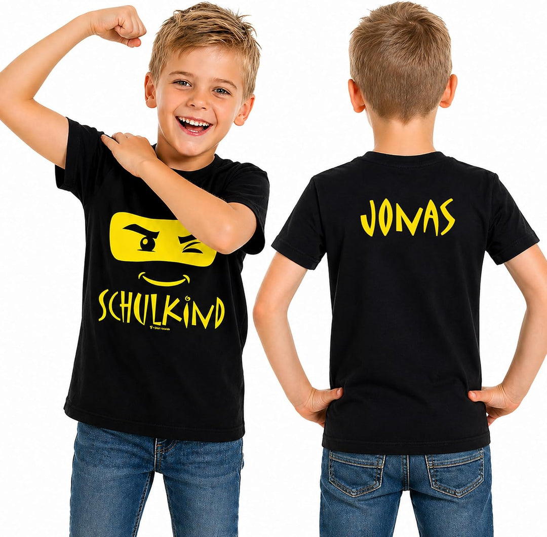 Kinder T-Shirt Schulkind Ninja Einschulungs-T-Shirt mit Wunschname auf dem Rücken, schwarz 134-140,
