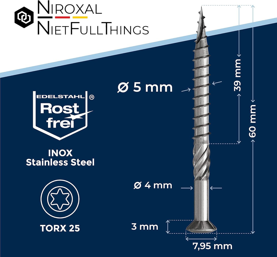 1000 Stück Terrassenschrauben 5 x 60 mm lang | PERFEKT für 25 mm Terrassendielen | rostfreier gehärt