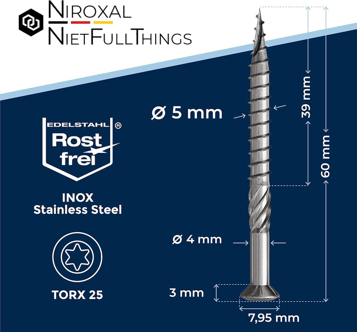 1000 Stück Terrassenschrauben 5 x 60 mm lang | PERFEKT für 25 mm Terrassendielen | rostfreier gehärt