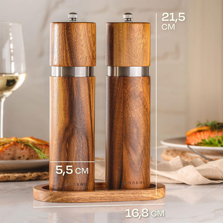 Salz und Pfeffermühle aus Akazienholz mit Untersetzer - Nachhaltiges FSC® Holz - Langlebiges Keramik
