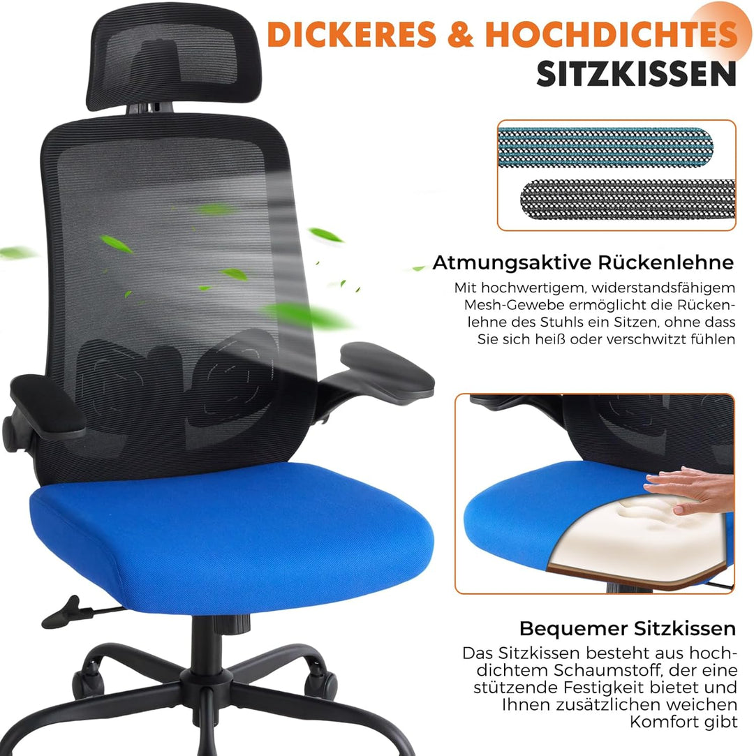 Sweetcrispy Ergonomischer Bürostuhl mit Kopfstütze & verstellbaren Armlehnen, 360° Drehfunktion, Höh