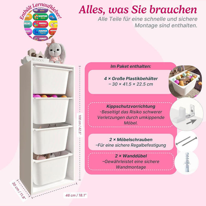 LEOKIDS Spielzeug-Aufbewahrungsbox für Kinderzimmer – Kinderregal mit 4 Boxen, Spielzeugschrank und