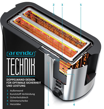 Arendo - Toaster Edelstahl Langschlitz 4 Scheiben - Doppelwandgehäuse - Integrierter Brötchenhalter