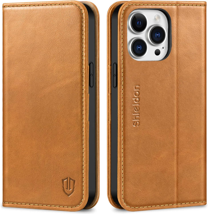 SHIELDON Hülle für iPhone 14 Pro Max Schutzhülle [Rindsleder] [Stossfest ] [Kartenfach] [Magnetversc