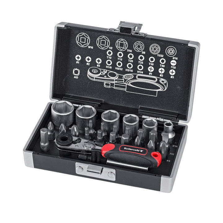 Rothewald Mini-Ratschensatz, Zöllig, 26 Teile, Motorrad-Zoll-Bordwerkzeug, Ratschen- & Bit-Set, Idea