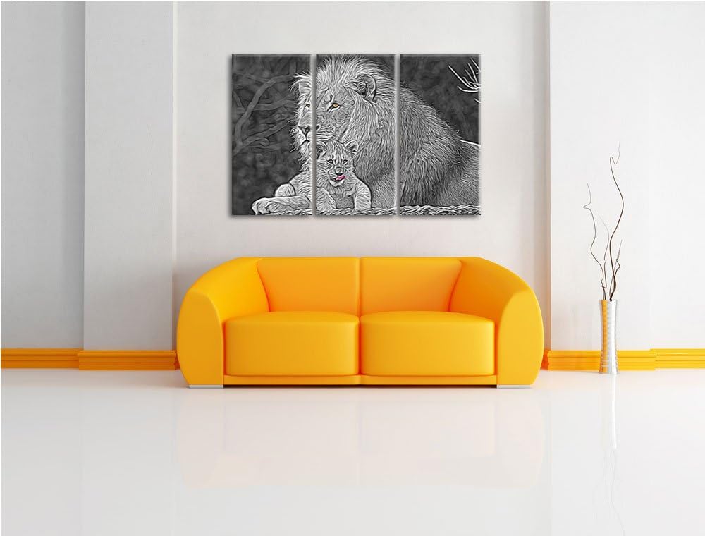 liebevolle Löwe kuschelt mit kleinem Jungtier schwarz/weiss Deluxe 3-Teiler Leinwandbild 120x80 Bild
