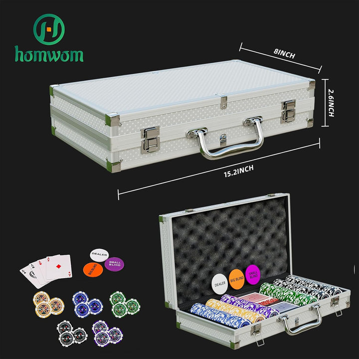 Poker-Set 300-teilig: Laserpokerchips in verschiedenen Werten und Farben, Komplettset mit 12g Zahlen