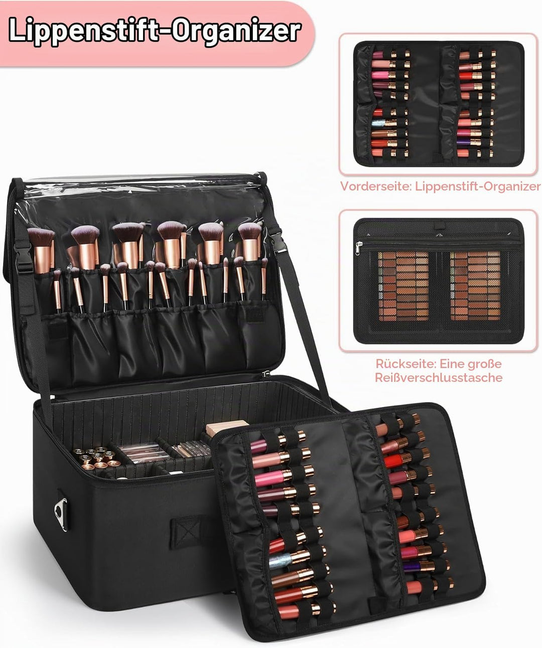 Relavel XXL Make-up-Koffer, Professioneller Kosmetik-Organizer mit Pinselhalter, 4 durchsichtigen Ta