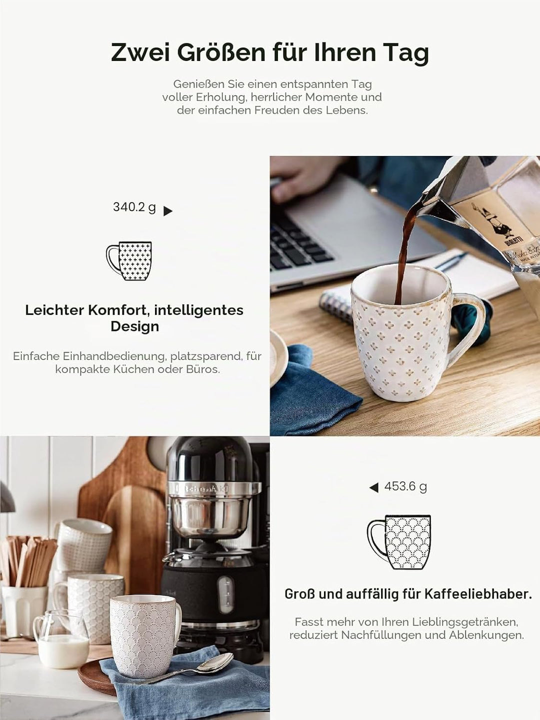 LE TAUCI Kaffeetassen Set, 473 ml, Keramiktassen Kaffeebecher, Prägetassen Grosse Tassen für Latte,