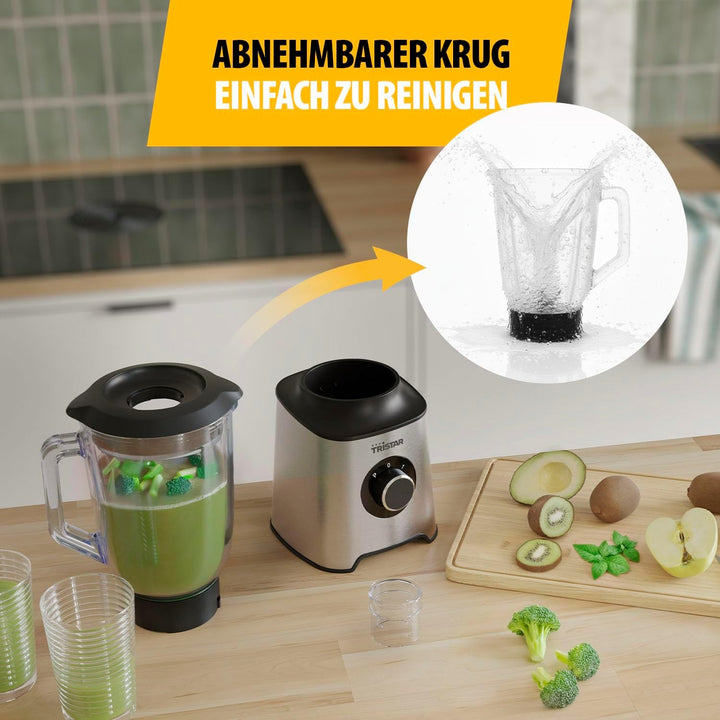 Tristar Standmixer, 1,5 L Glasbehälter, 1000 W Motor, Edelstahlgehäuse, 2 Geschwindigkeitsstufen, Le