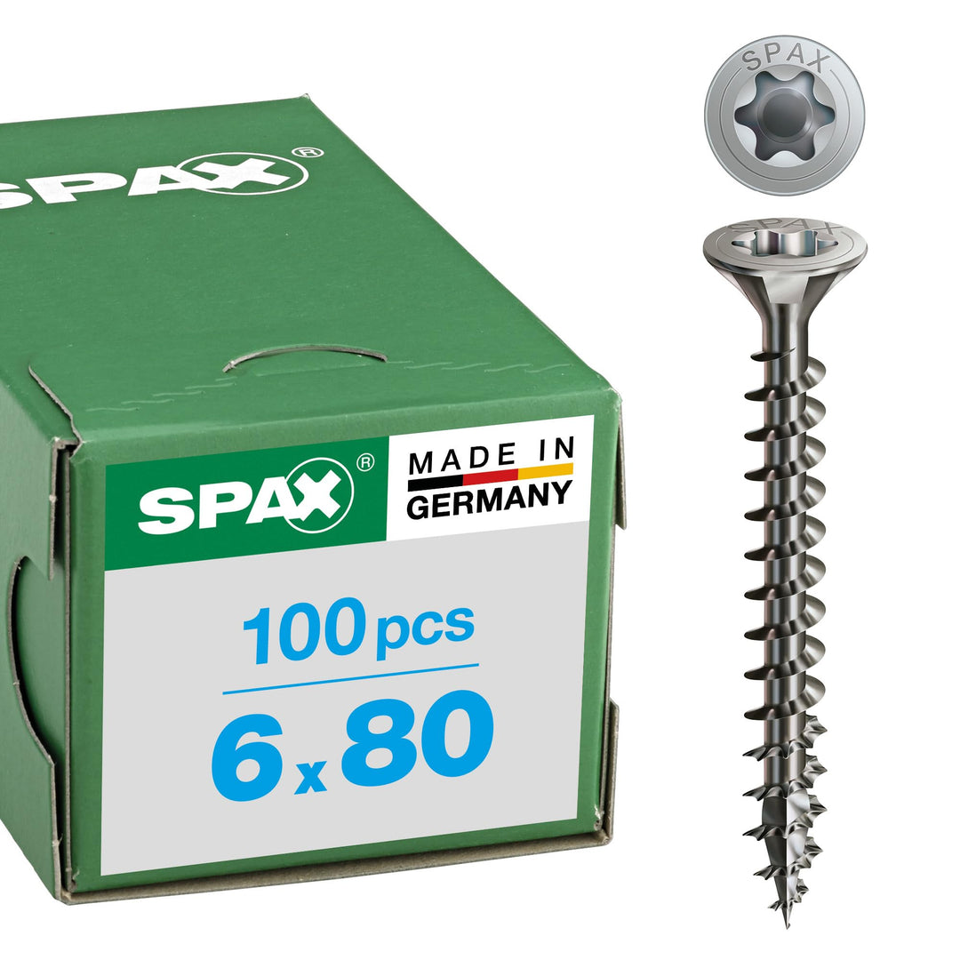 SPAX Universalschraube aus Edelstahl rostfrei A2, 6,0 x 80 mm, 100 Stück, T-STAR plus, Senkkopf, Vol