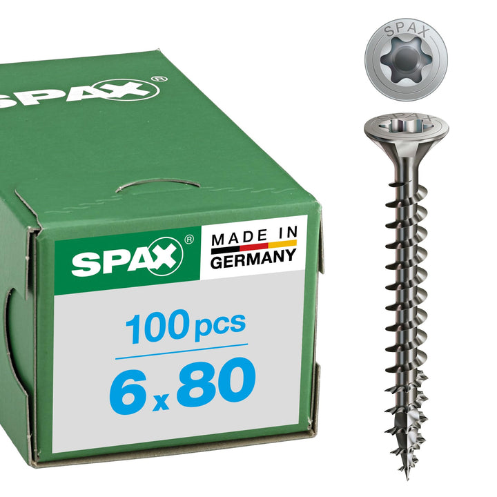 SPAX Universalschraube aus Edelstahl rostfrei A2, 6,0 x 80 mm, 100 Stück, T-STAR plus, Senkkopf, Vol