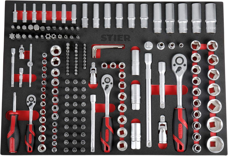 STIER Steckschlüsselsatz,179-teilig, in Weichschaumeinlage, 1/4 Zoll 3/8 Zoll 1/2 Zoll, mit Umschalt