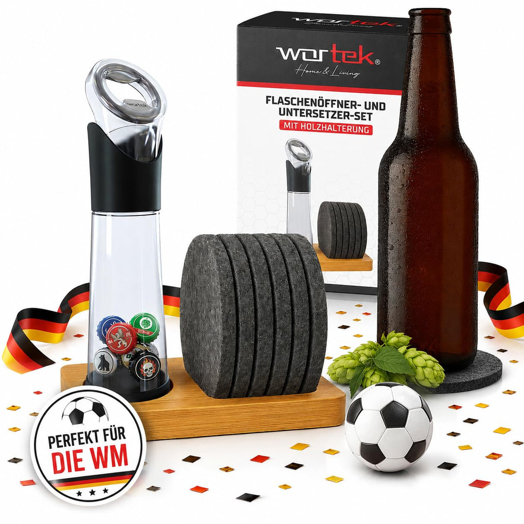 wortek Flaschenöffner mit Auffangbehälter + Filz Untersetzer Gläser Set mit Halterung Glas Untersetz