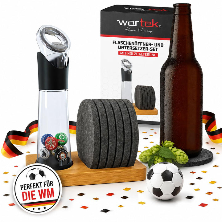 wortek Flaschenöffner mit Auffangbehälter + Filz Untersetzer Gläser Set mit Halterung Glas Untersetz