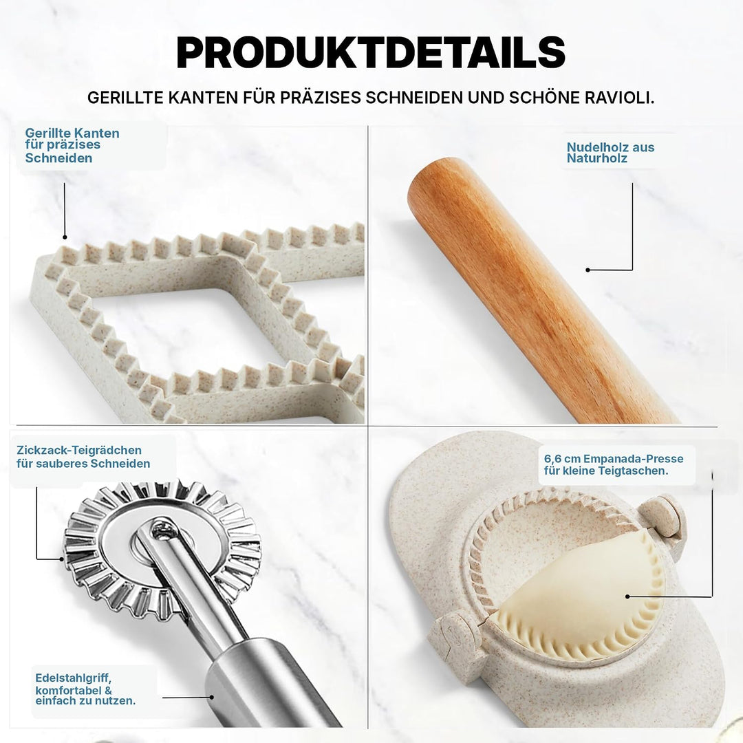 Ravioli Maker Set, 5-teilig, 8er Ravioliform mit Nudelholz &amp; Teigrädchen, 5-Teilig