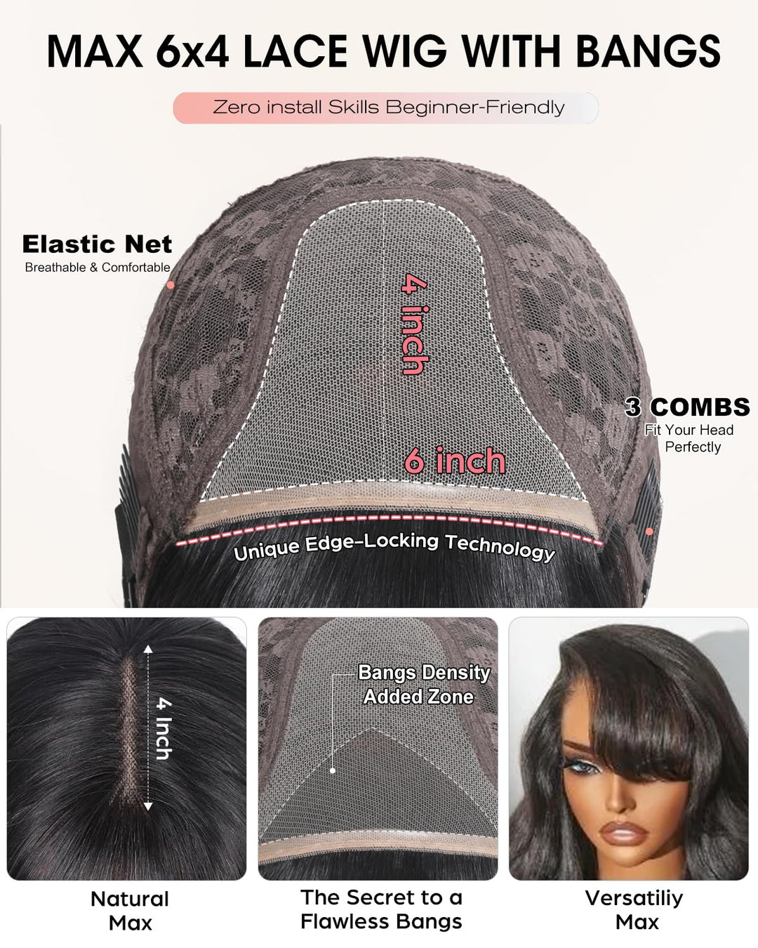 Tunfine Straight Human Hair Wigs with Fringe Glueless 4x6 Lace Front Echthaar Perücke Damen 180 Dens