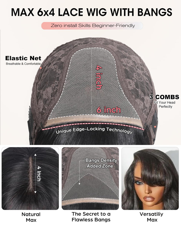 Tunfine Straight Human Hair Wigs with Fringe Glueless 4x6 Lace Front Echthaar Perücke Damen 180 Dens