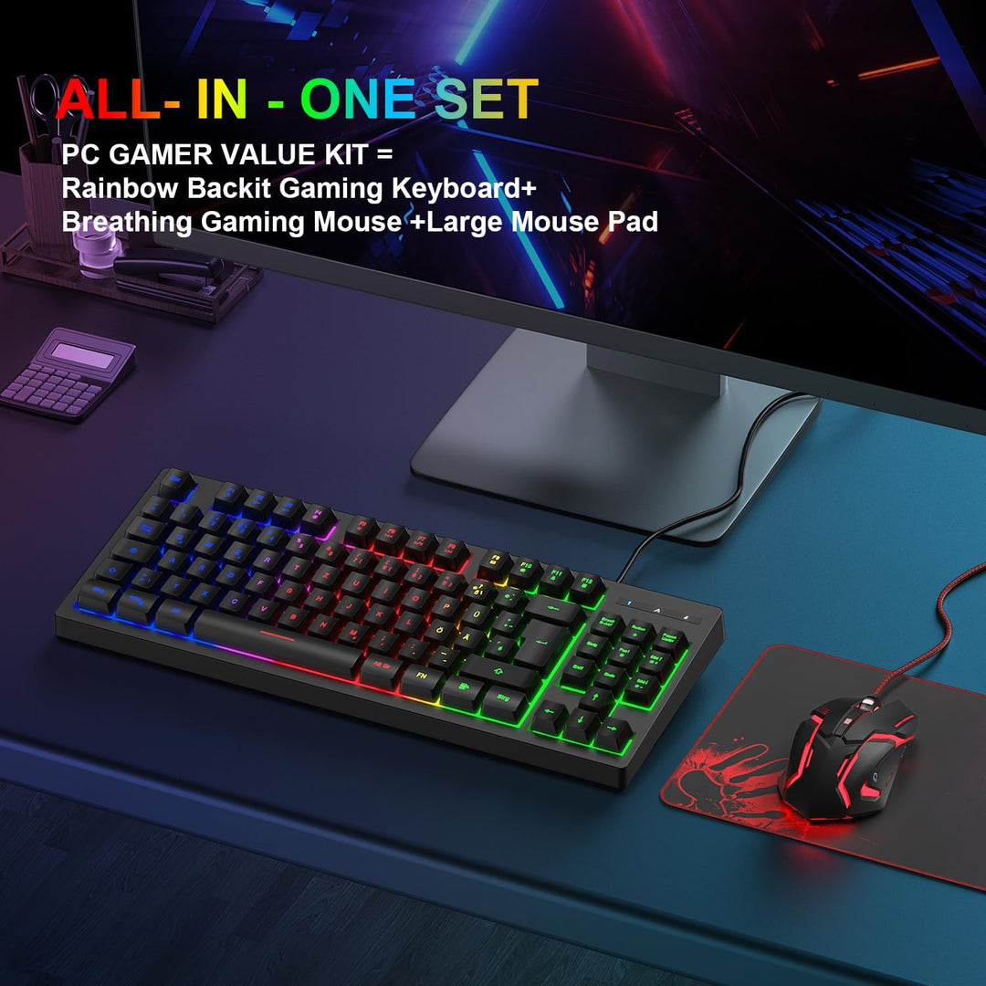 Gaming Tastatur und Maus Set, QWERTZ DE Layout, 75% TKL, RGB Hintergrundbeleuchtete Kabelgebundene T