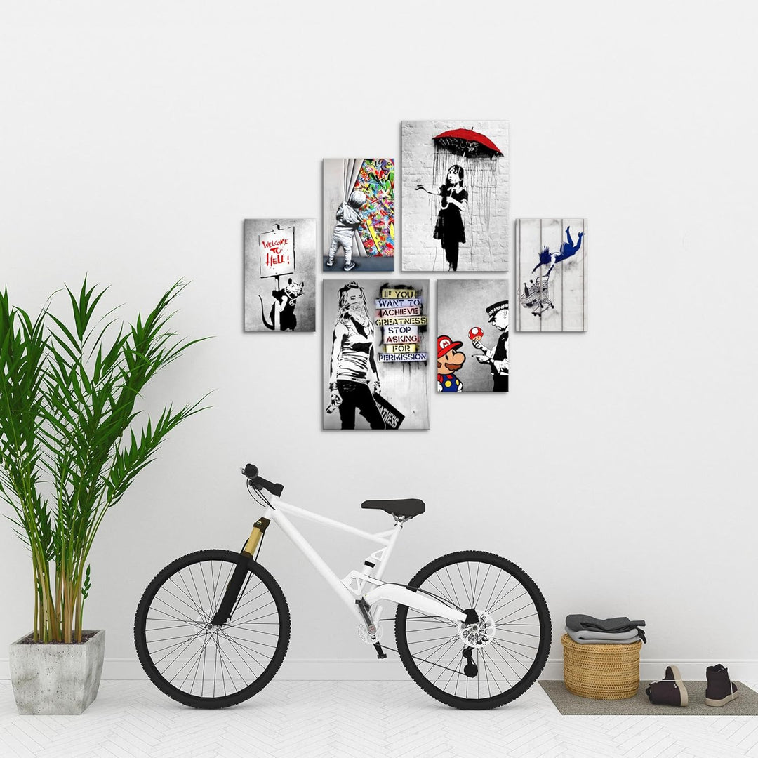 Novart Bilder Set - AUFHÄNGFERTIG - KEIN EXTRA RAHMEN BENÖTIGT - Banksy Collage Modern Street Art -