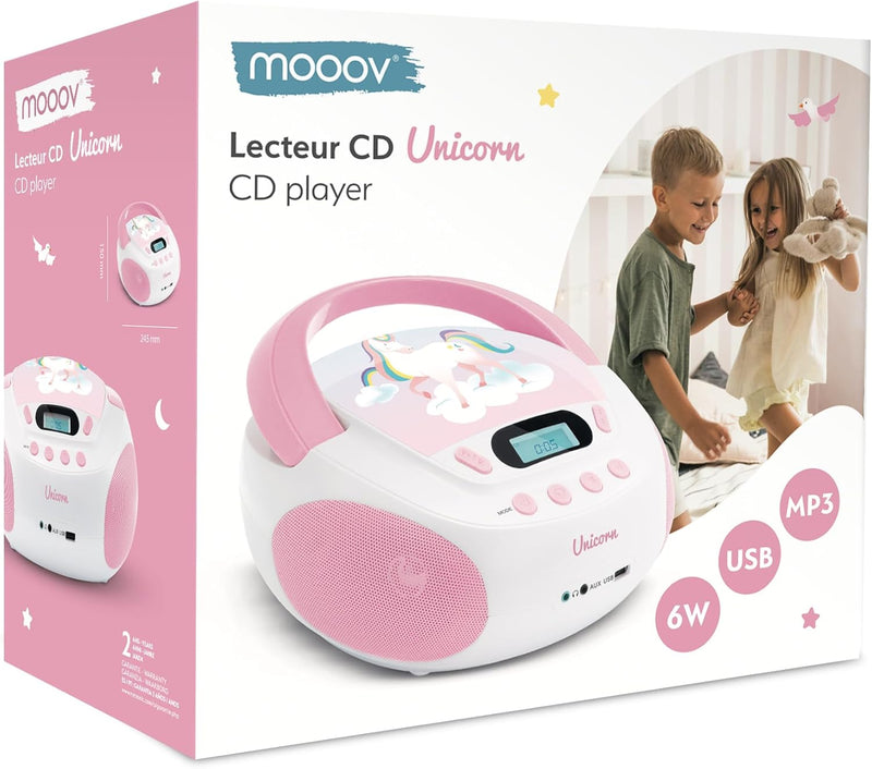 MOOOV 477407 CD-Player Einhorn für Kinder, mit USB-Port Rosa, Rosa